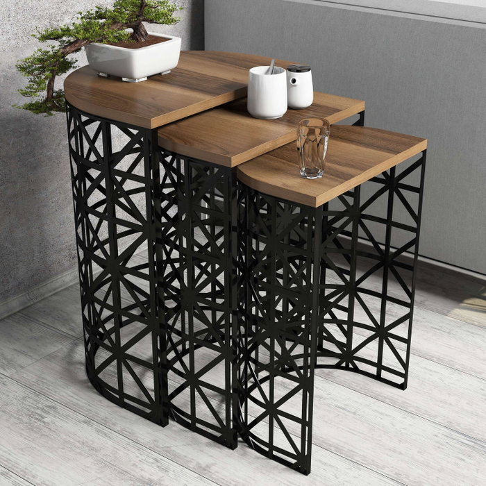 Hanah Home Stil Metal Ferforje - Juego de 3 mesas nido Nogal y Negro